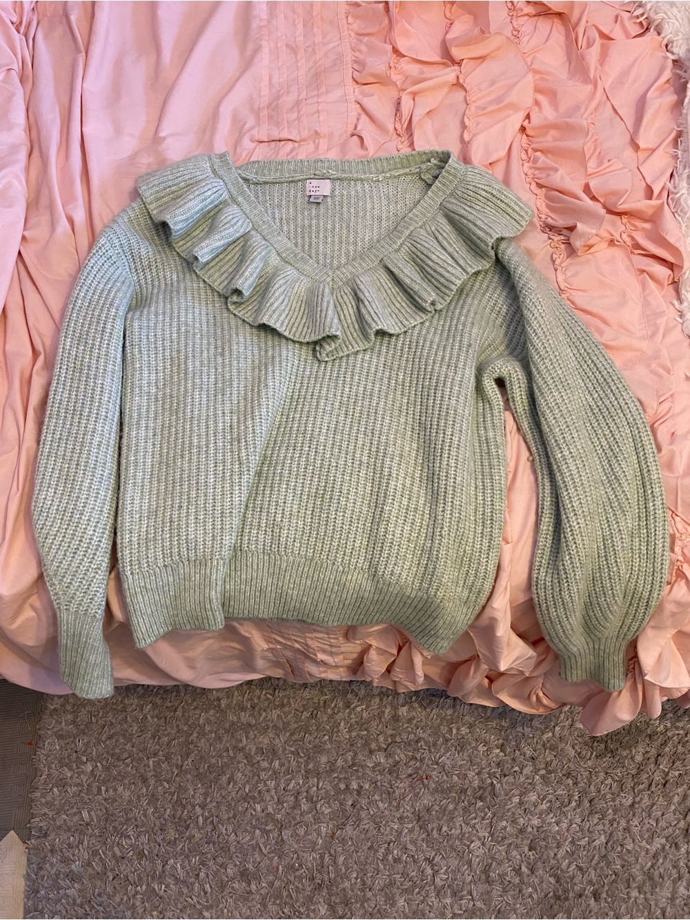 A New Day Ruffled V-Neck Knit Sweater - Light Sage